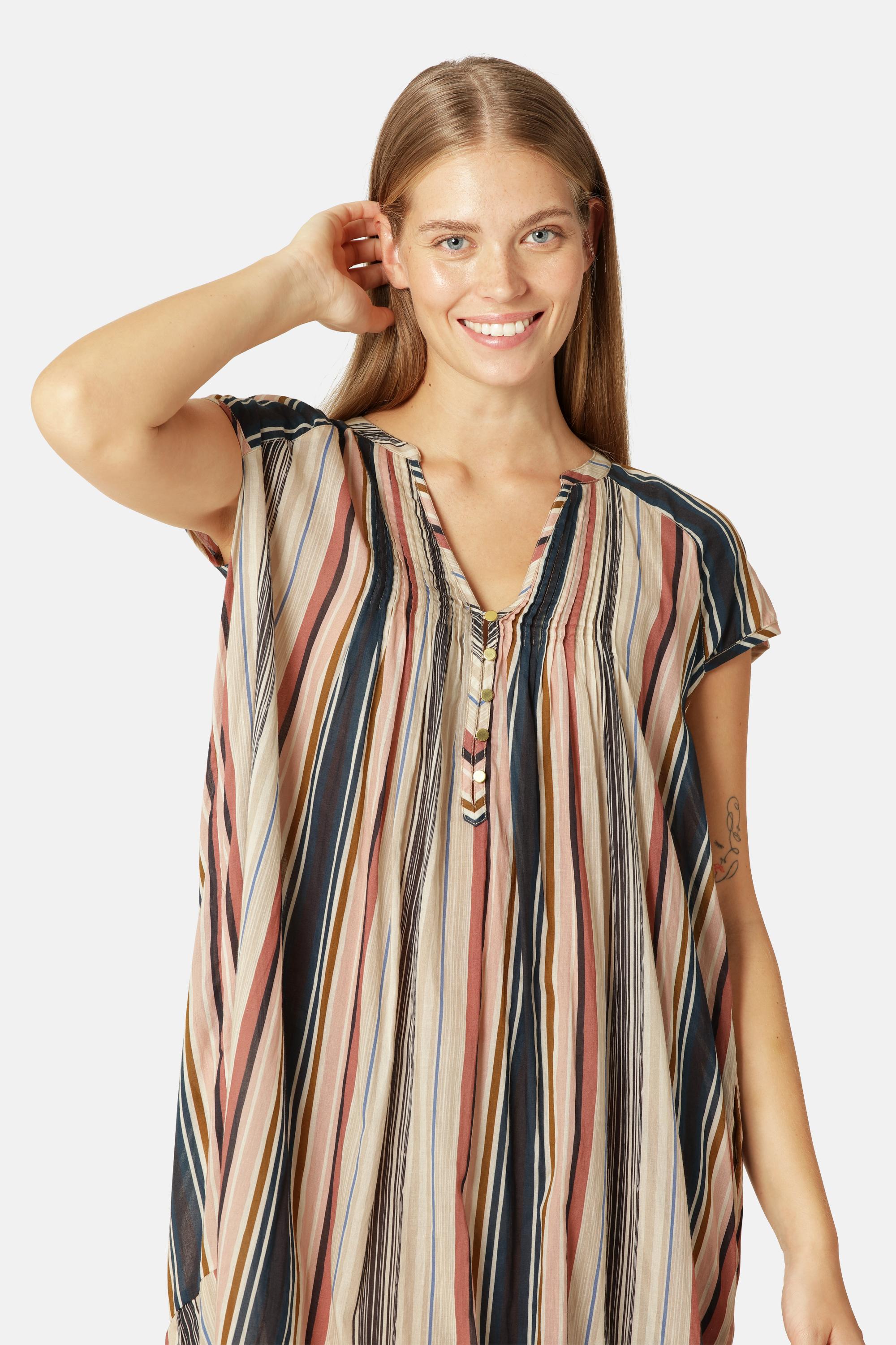 Short Sleeve Long Dress Pintuck - Beige Organic Stripe